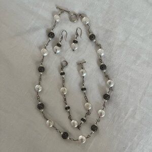 Handmade Necklace Earrings and Bracelet Set Silver, Freshwater Pearl, Marcasite